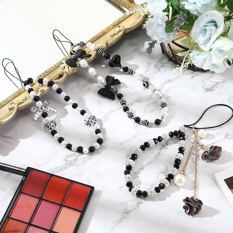 Ecally Store 3 Pcs Phone Charms Strap Camera Charm Strap Pearl Beaded Butterfly Bow Flower Cute Phone Wrist Lanyard Bracelet for Camera Keychain Wallet Decor Valentine Gifts - Image 4